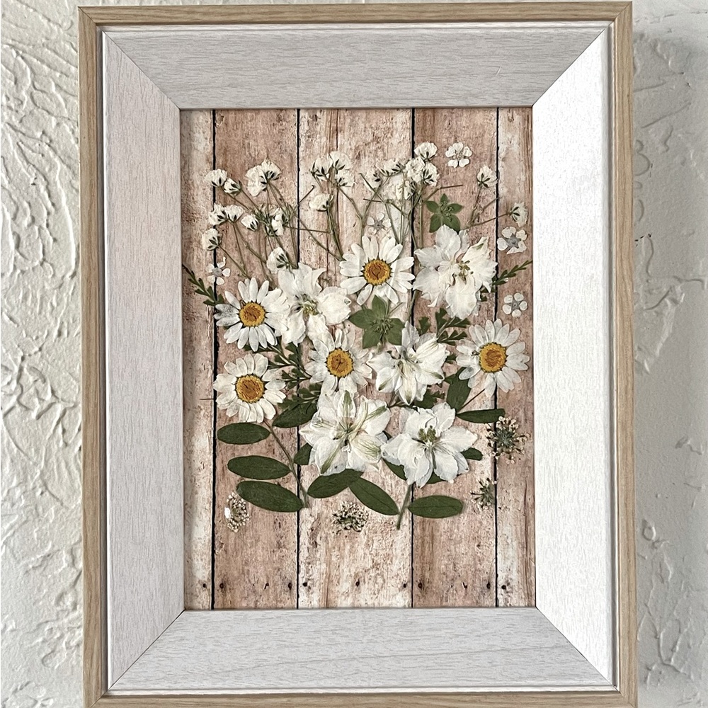 Dried Pressed Framed White Daisies, Larkspur and Baby’s Breath